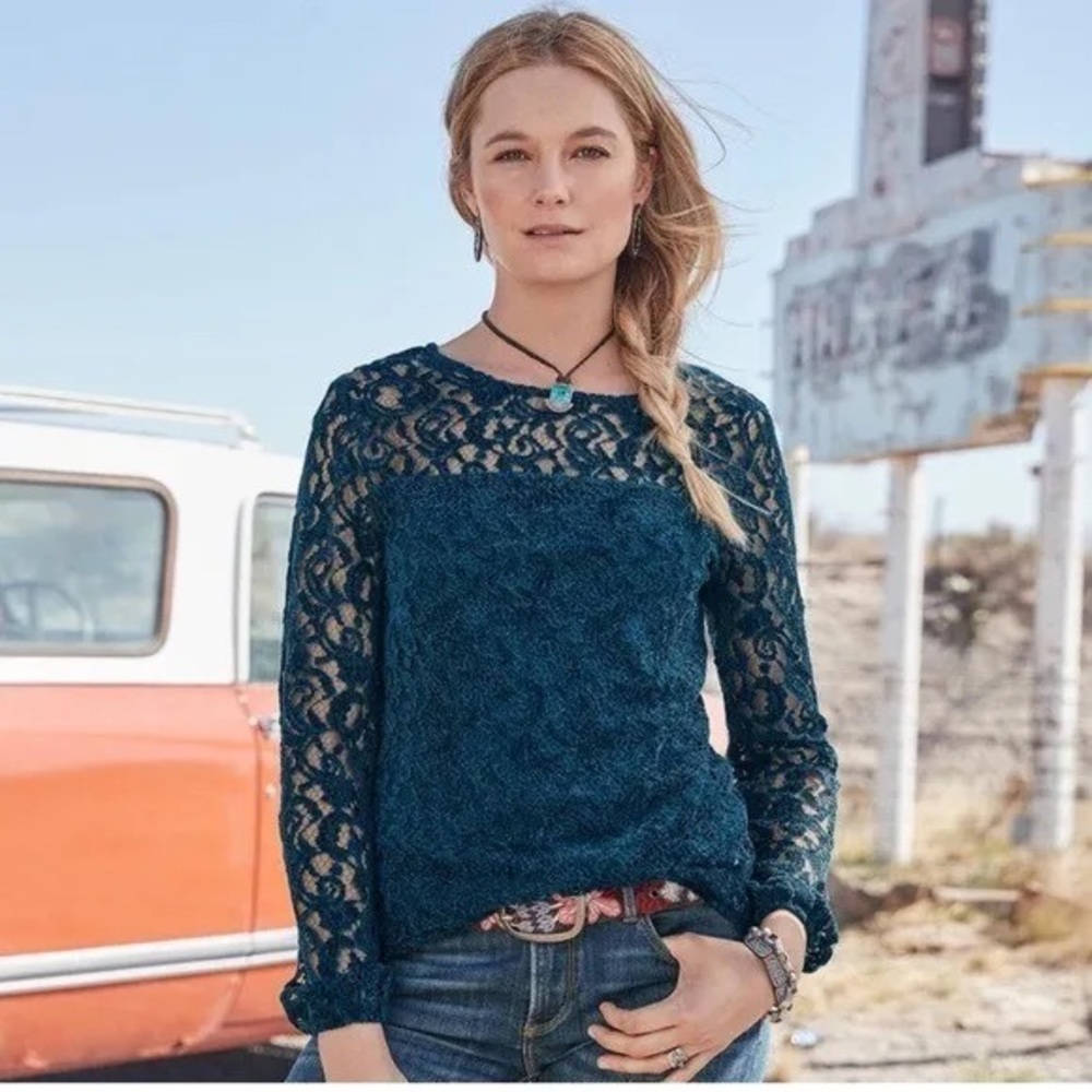 Sundance Teal Velvet Lace Overlay Long Sleeve Blouse Size XS